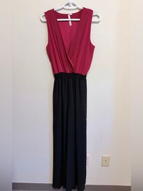Three hearts medium Burgundy & Black Colorblock Surplice Wide-Leg Jumpsuit